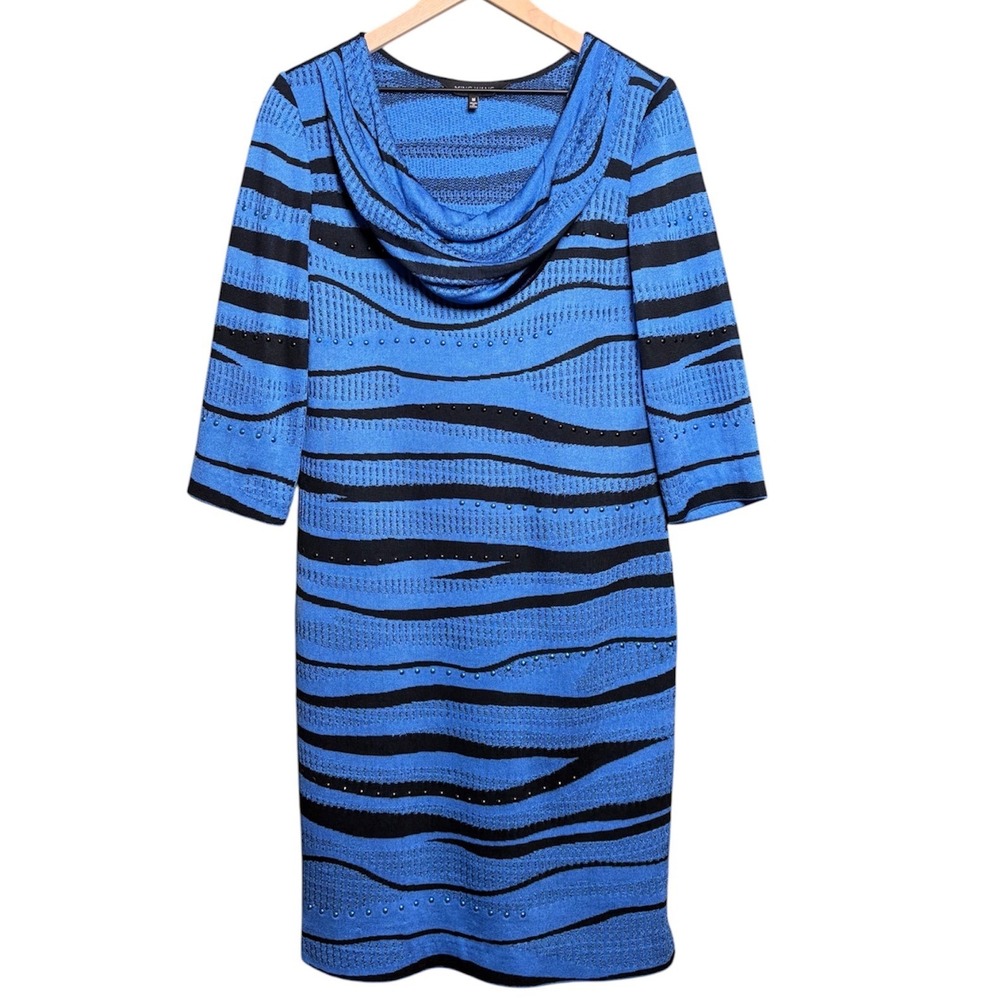 Ming Wang Blue Black Abstract Stripe Cowl Neck Knit Sheath‎ Dress Studded Medium